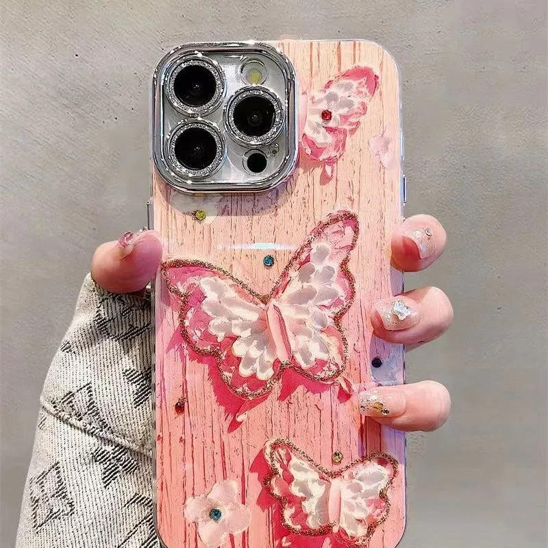 Butterfly oil painting printed plastic phone case for Apple iPhone, blue colour option, all-inclusive design
