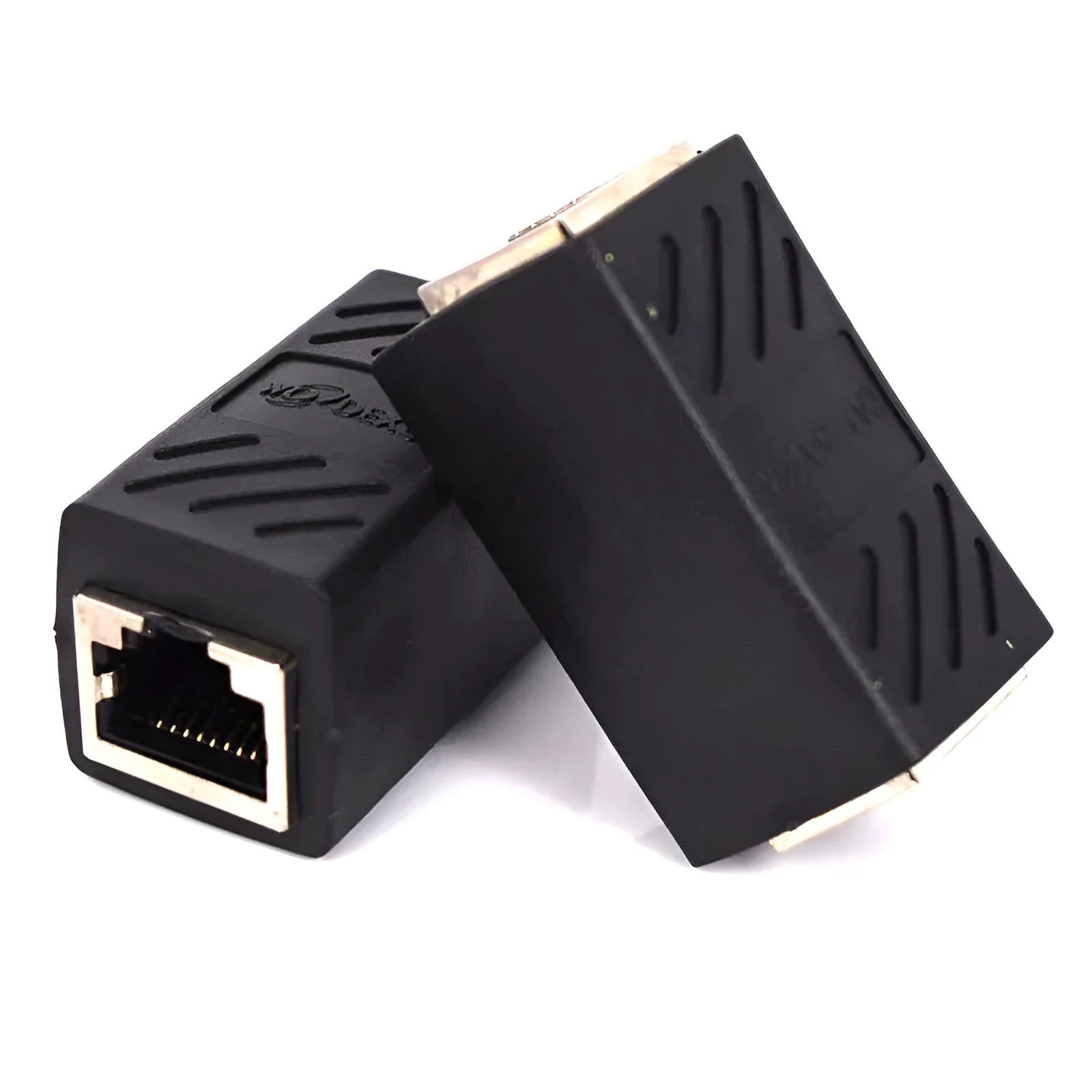 Black RJ45 network cable extender adapter with rotary union for joining two Ethernet cables.