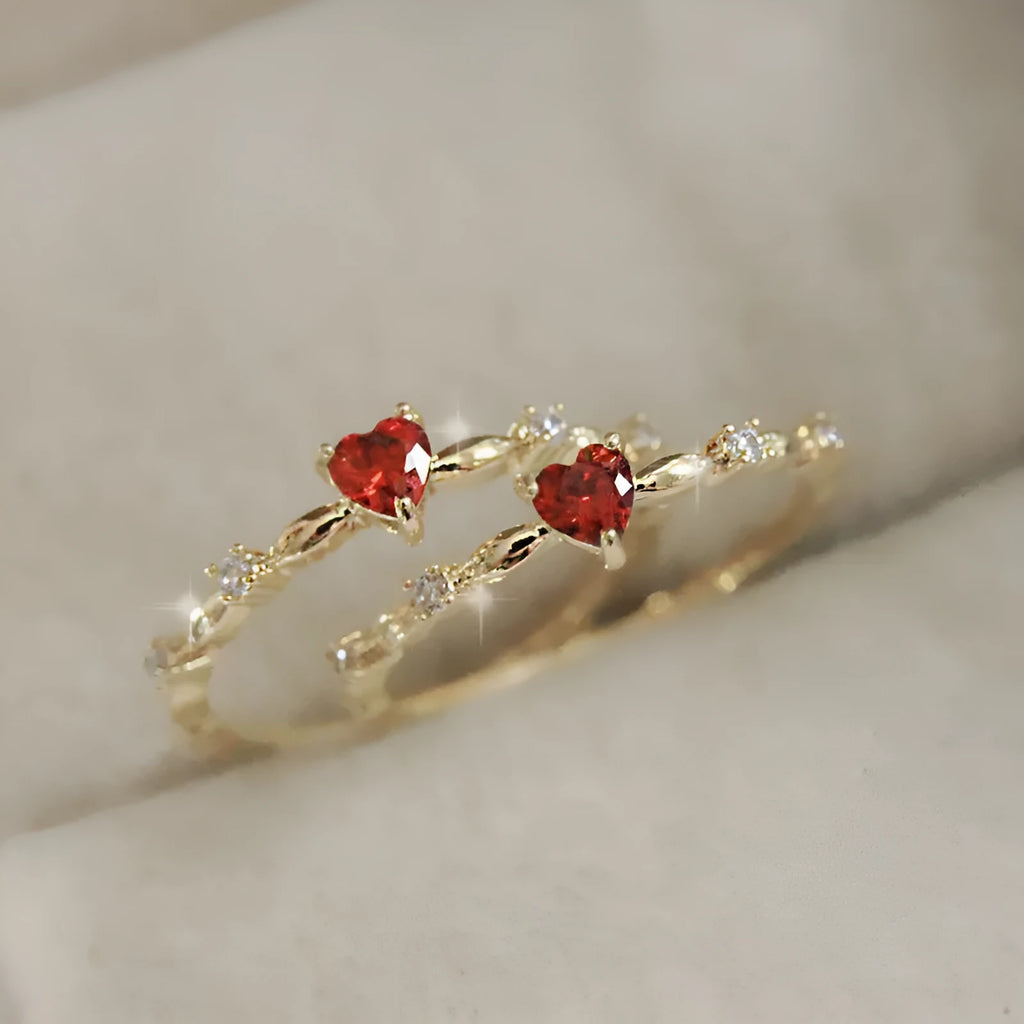 Women's peach heart shape ring with zircon details in gold or silver electroplated finish on copper