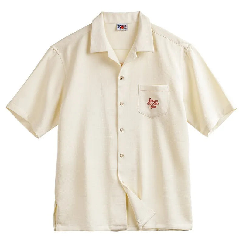 Men's light apricot Cuban collar shirt with bamboo plant pattern