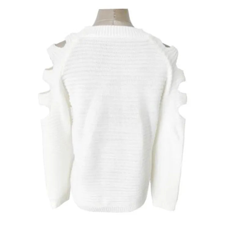 Women's grey hollow-out crochet knitted long sleeve shirt with round neck on a hanger.