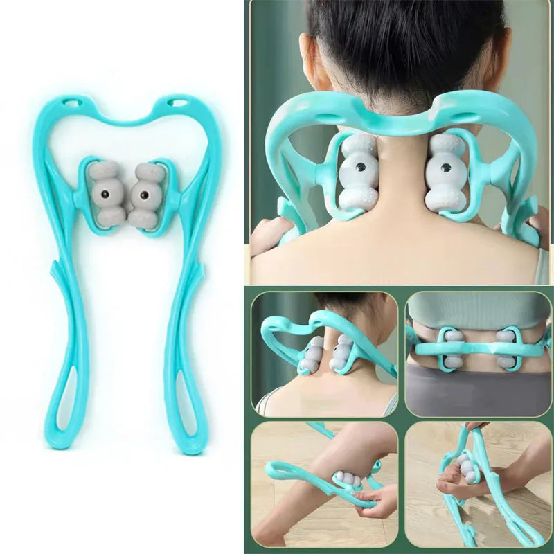 Blue neck massager with 360 degree roller and 96 acupoint nodes for deep tissue pain relief on neck and shoulders
