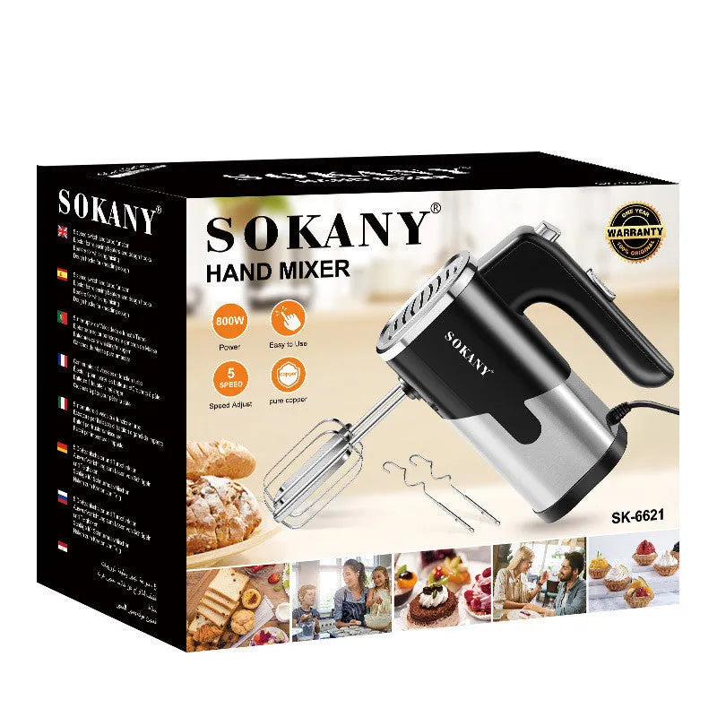 800W handheld electric whisk with five speed settings, ABS plastic body and stainless steel attachments, black colour option