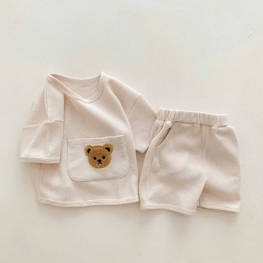 Unisex baby summer two-piece cotton bear top and shorts suit in beige