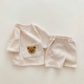Unisex baby summer two-piece cotton bear top and shorts suit in beige