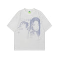 Men's grey cotton T-shirt with character design print showing loose fit and short sleeves