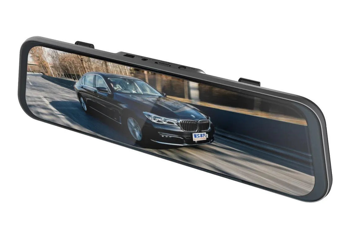 Black 10-inch touchscreen driving recorder rearview mirror with wide-angle lens for vehicle installation