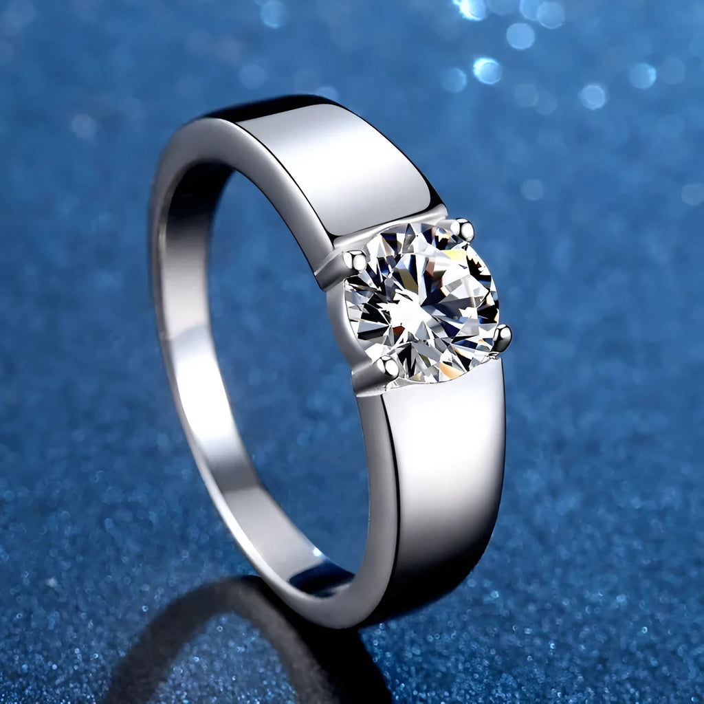 Sterling silver men's ring with U-shaped band, adjustable opening or fixed size, and moissanite or high carbon stone in 50 points or 1 karat.