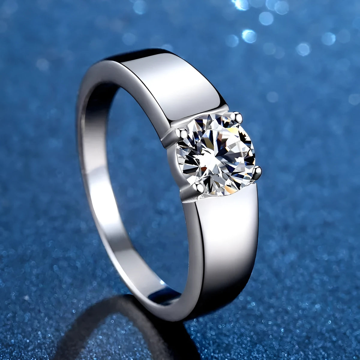 Sterling silver men's ring with U-shaped band, adjustable opening or fixed size, and moissanite or high carbon stone in 50 points or 1 karat.