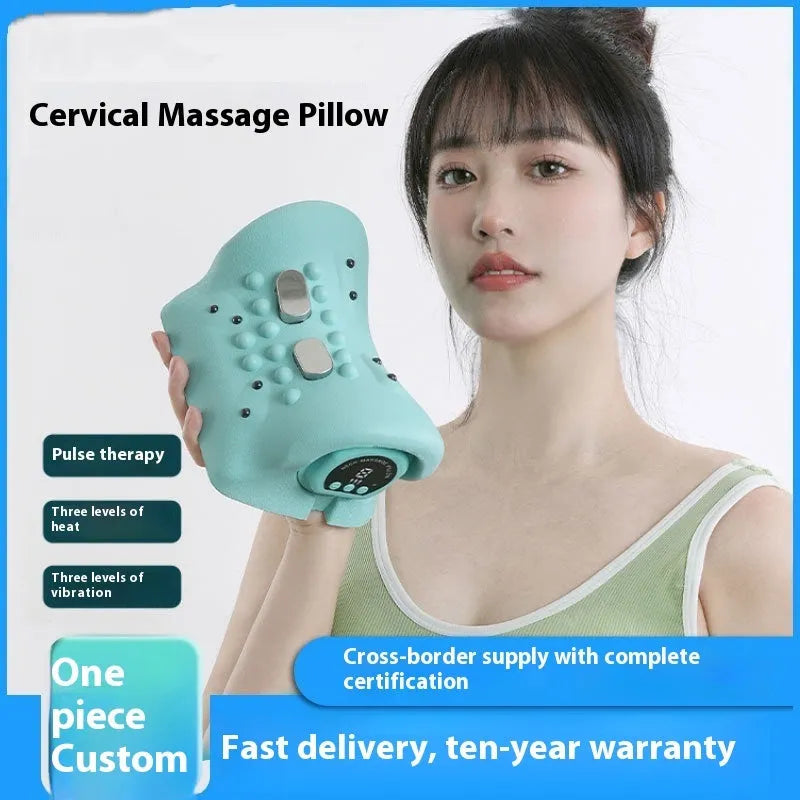 Blue-green portable EMS massage pillow for neck and shoulders with hot compress.