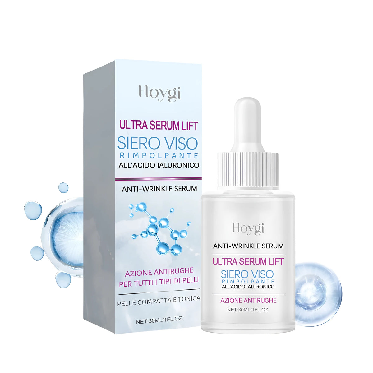 30ml bottle of hyaluronic acid anti-wrinkle solution essence for skin hydration.
