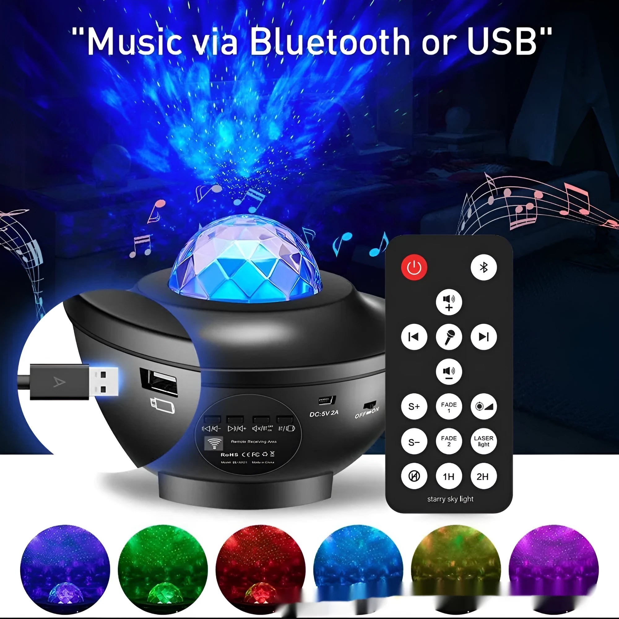 Black parallel style starry sky projection lamp with Bluetooth and rotating water ripple effects