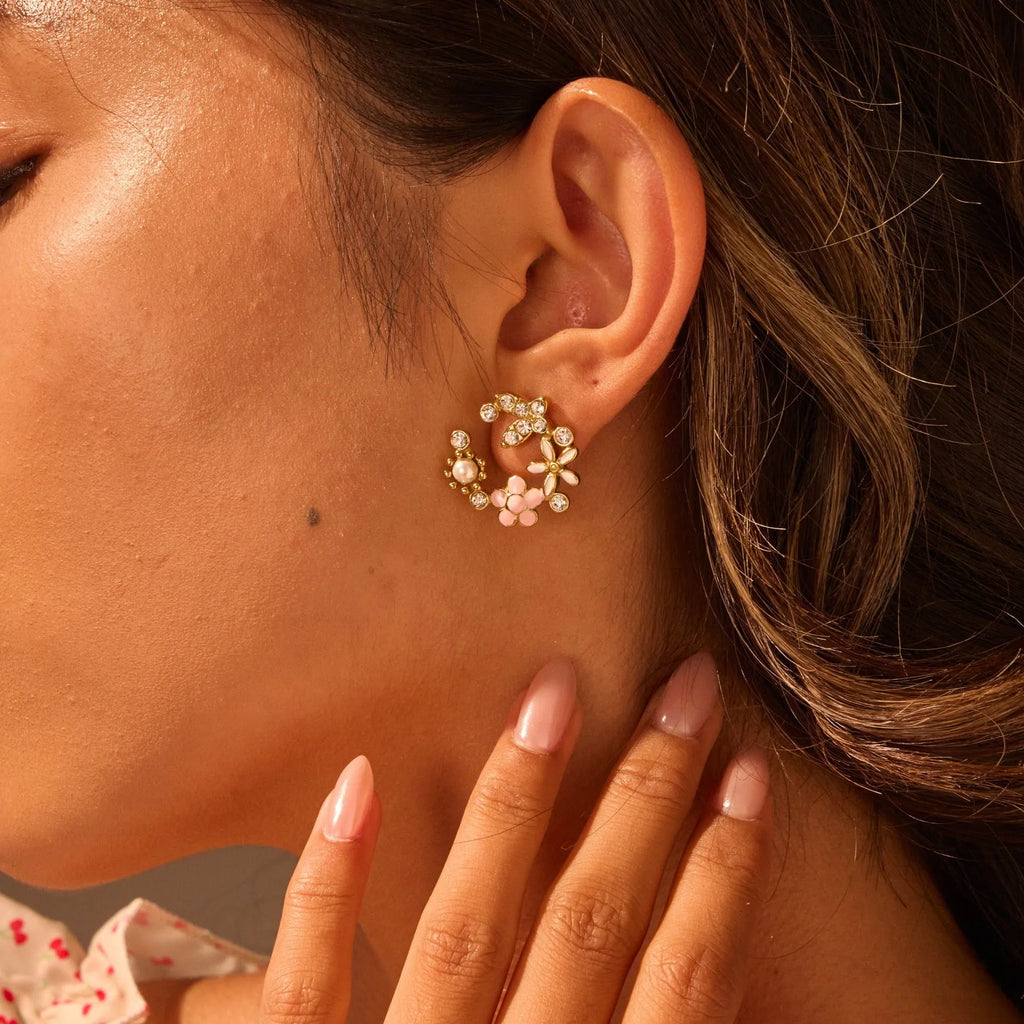 Colourful flower stud earrings with petal design in 18K stainless steel