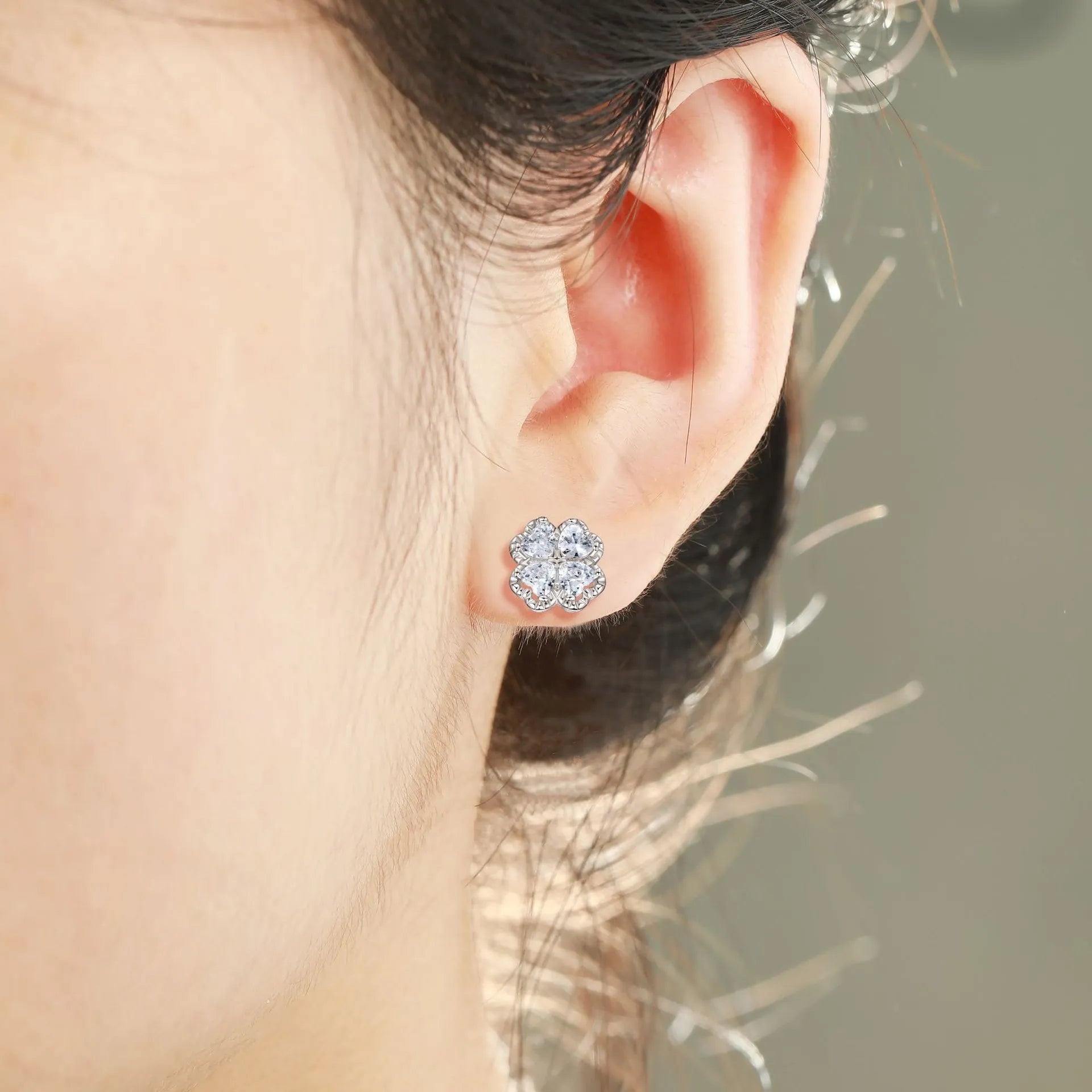 Women's 925 sterling silver heart earrings with four-leaf clover design and white gold colour finish