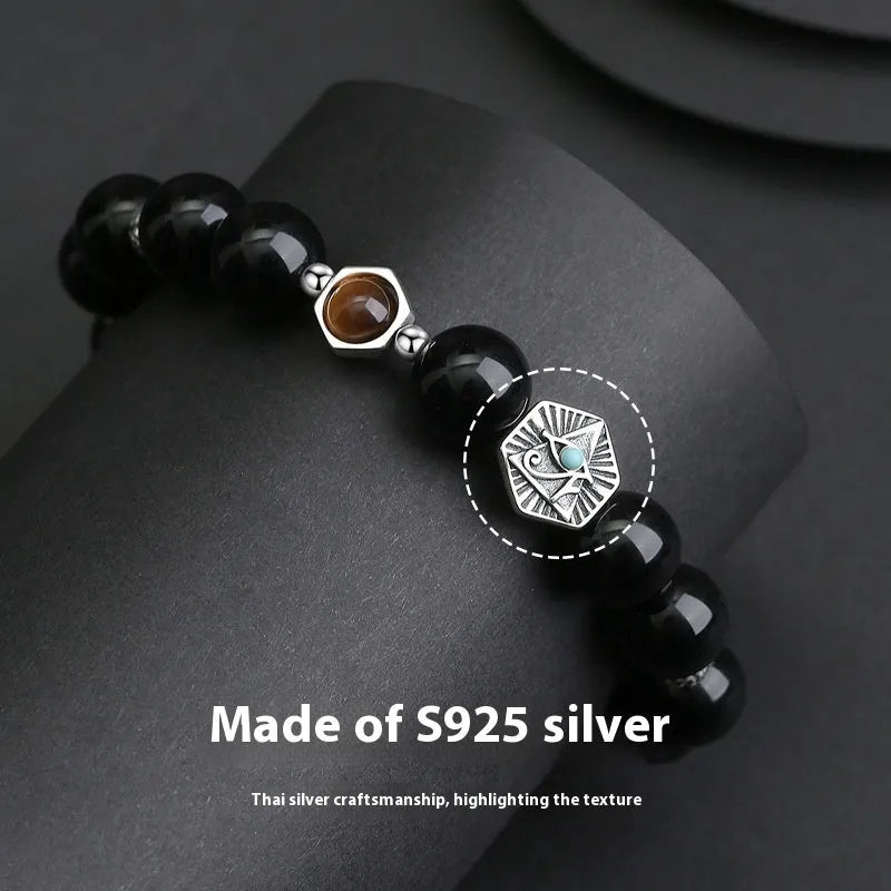 Men's retro geometric bracelet with S925 silver setting and 8mm tigereye God's Eye obsidian stone.