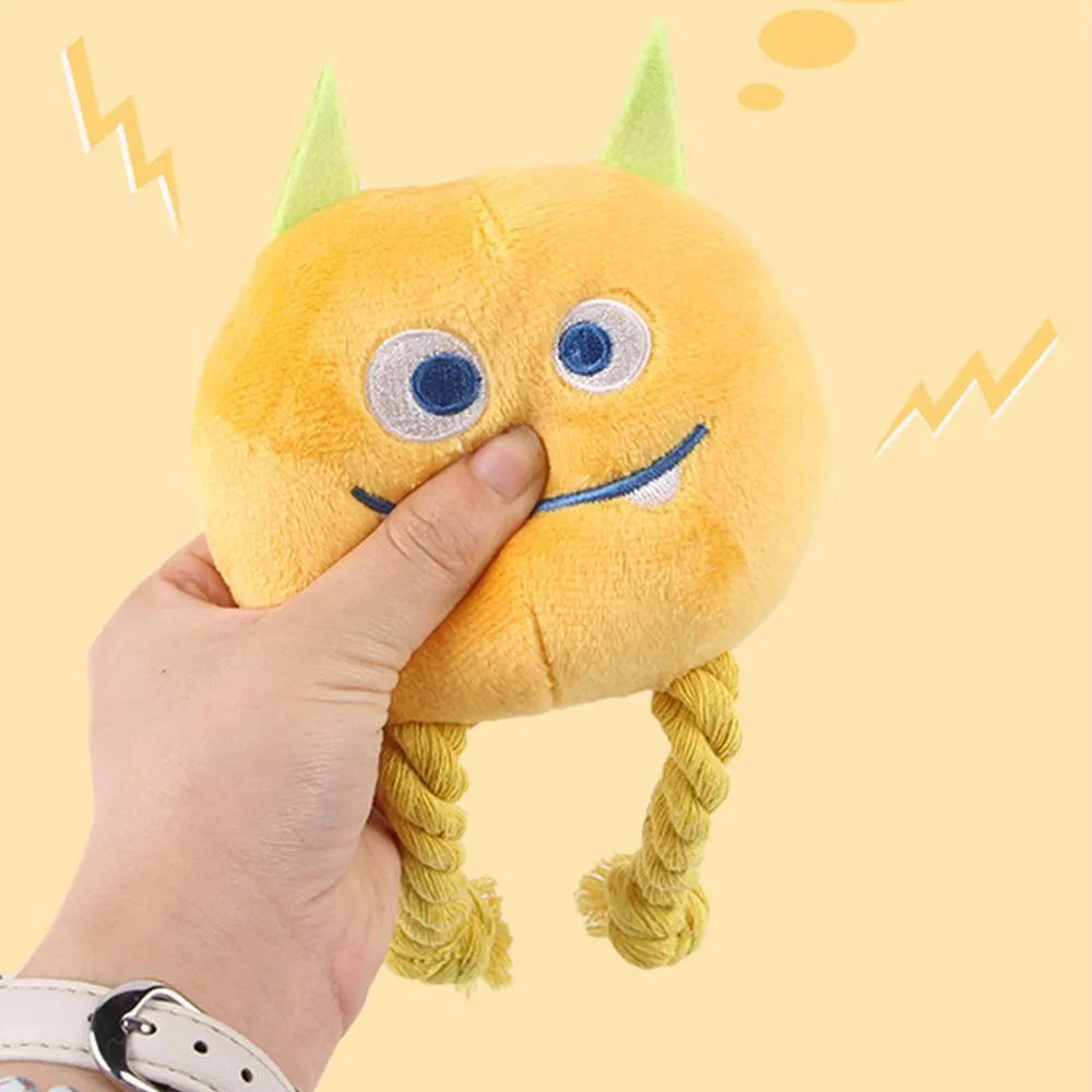 Squeaky dog toy with strong knot design, cotton rope and PP cotton filling, cartoon shape, yellow or blue