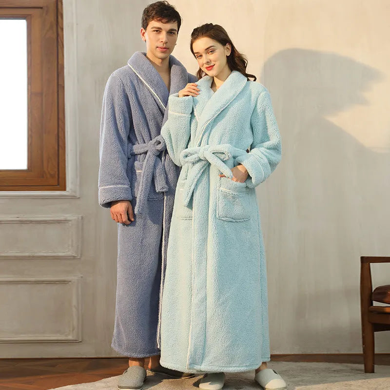 A super thick flannel couple's bathrobe for winter, shown in a colour option like navy blue or emerald green.