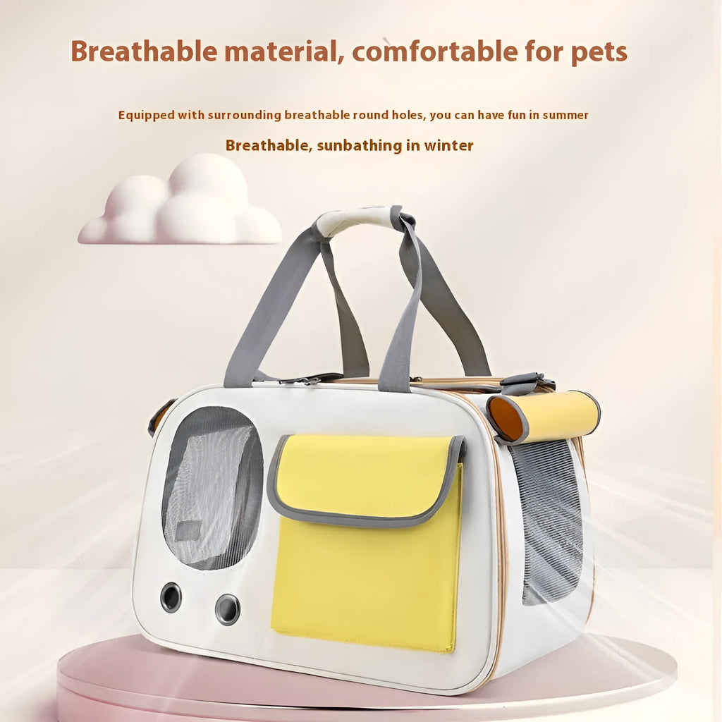 Foldable canvas pet carrier backpack for small dogs and cats in yellow, green, or black