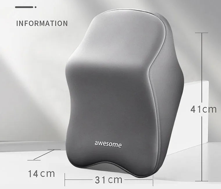 Memory foam car headrest pillow and lumbar support cushion set in black, grey, blue, and pink colour options.