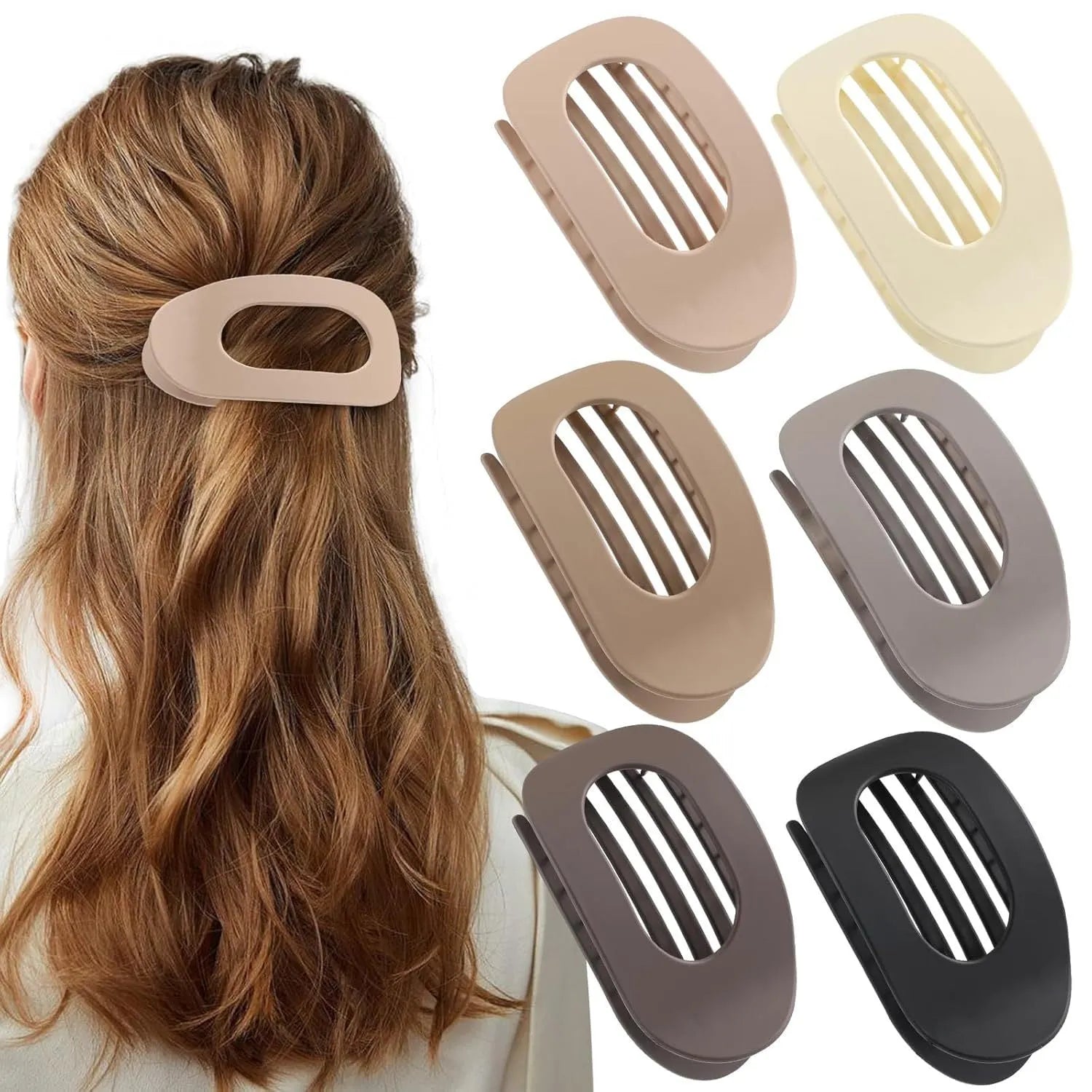 Six nude plastic hair clips with frosted finish and pointed toe quadrilateral design
