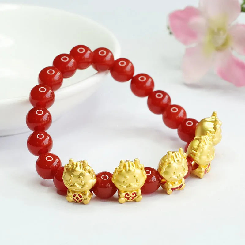 Red agate Chinese dragon bracelet with 8mm beads and traditional cultural design