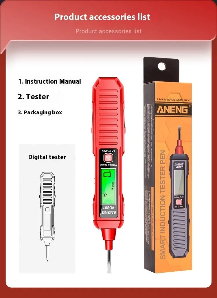 Black and red digital voltage testing pen with LCD display for 12V-300V detection