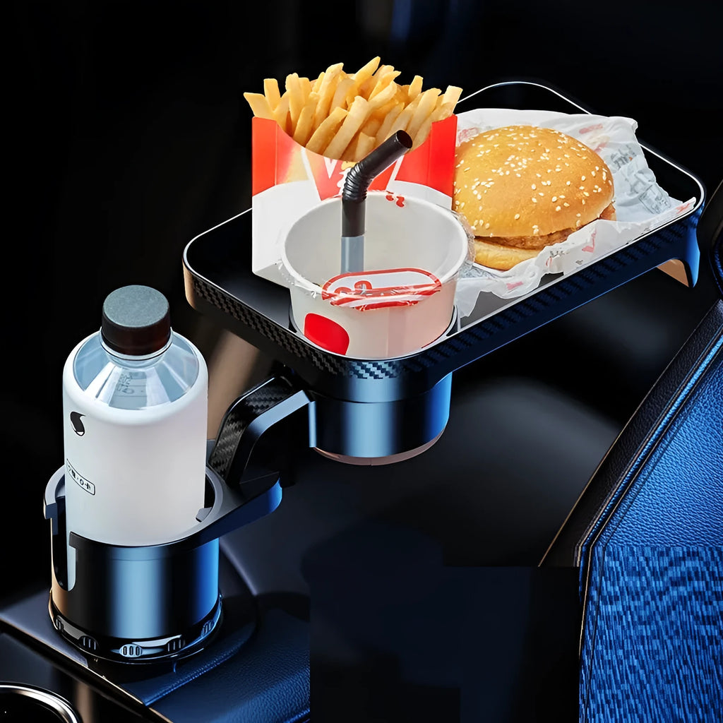 Black ABS plastic car cup holder with rotating dinner tray platform