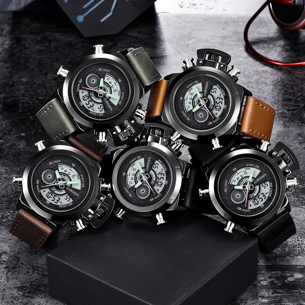 Men's fashion belt multi-functional double display sports watch with black leather strap