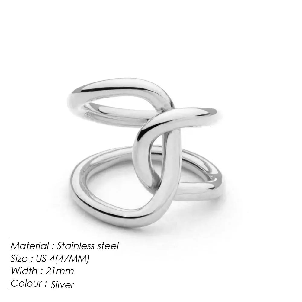 Adjustable stainless steel ring with knot design in U-shape, available in gold or steel colour