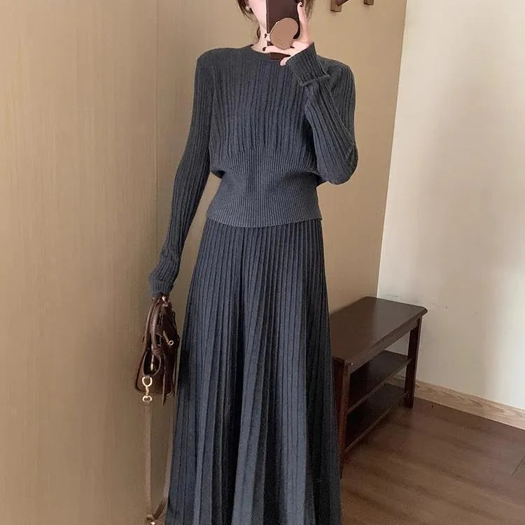 Dark grey knitted dress suit two-piece set with 3D effect pattern ethnic style