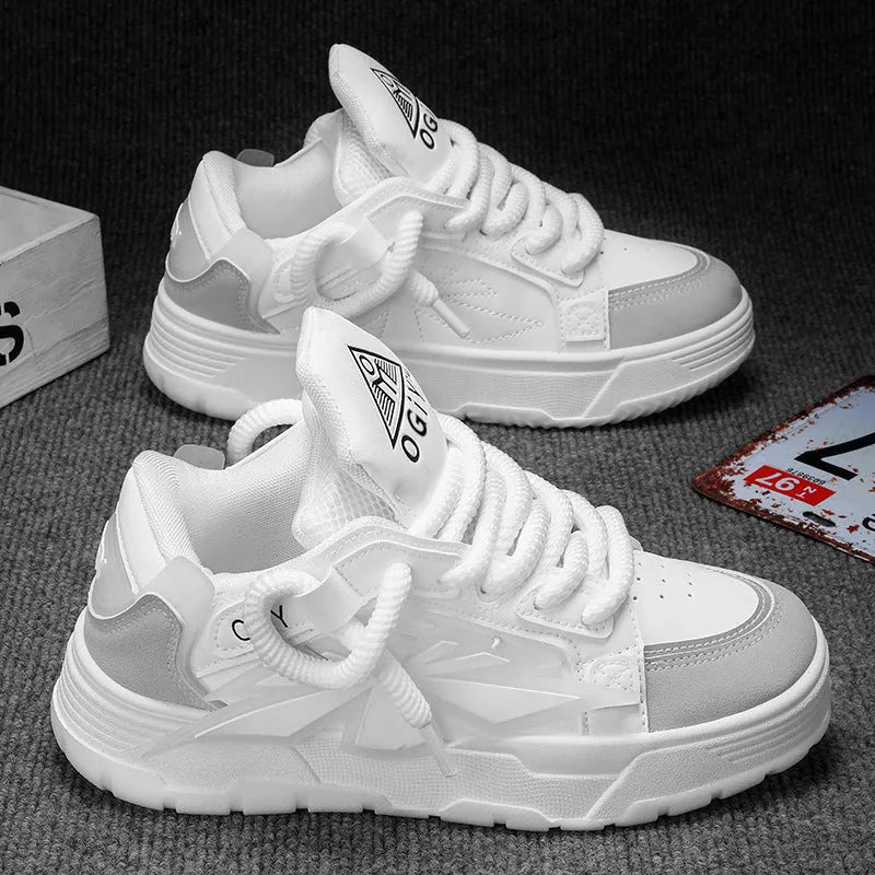 Men's white clunky sneakers with cartoon pattern, synthetic leather upper, rubber sole, and lace-up front.