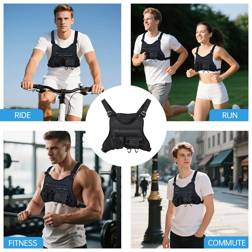 Oxford cloth outdoor sports chest bag in black colour with sewing line detailing and breathable vest design