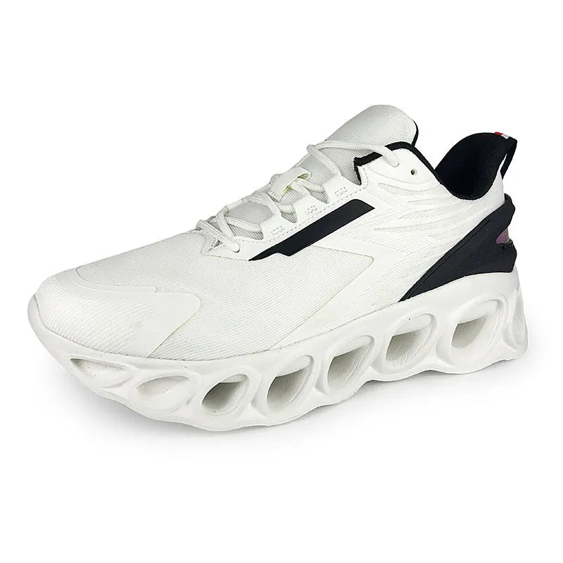 Breathable mesh men's casual sports shoes with lace-up front in black, white, or dark blue colours