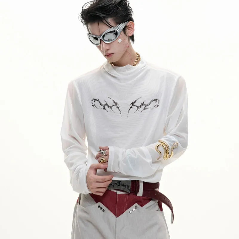 Men's black mesh bottoming shirt with slim fit design and long sleeves showing cooling fabric construction