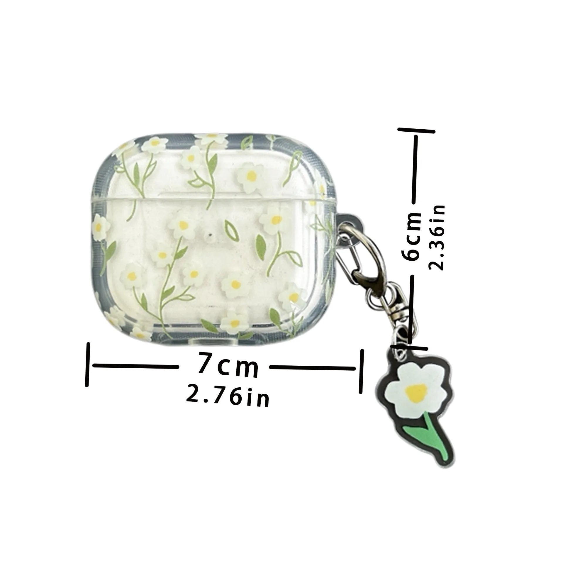 Transparent white floral TPU protective case for Apple AirPods headphones on a table.