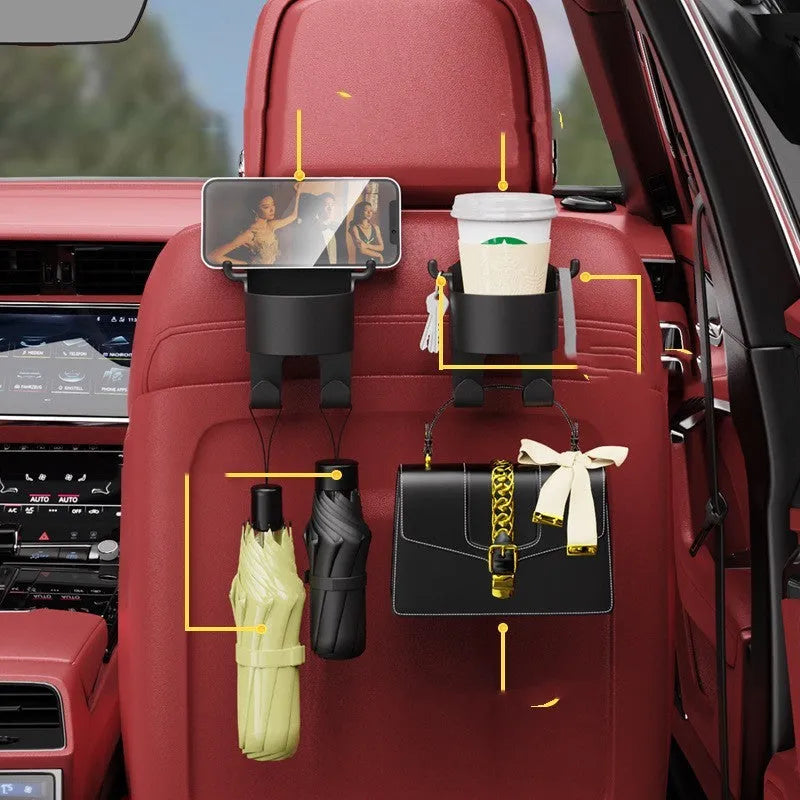 Black plastic car seat back organizer with cup holder and hanging hook for vehicle storage