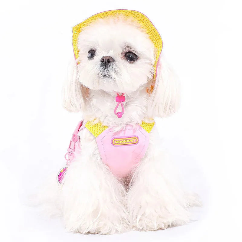 Pink polyester vest for small dog on mannequin showing casual design