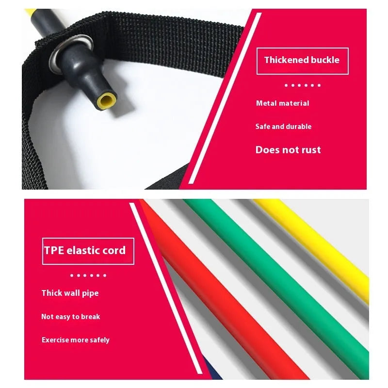 Adjustable chest expander with colour-coded TPE tension rope showing five resistance levels