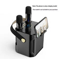 Bluetooth speaker with dual microphones for outdoor karaoke, black colour, showing front panel and microphone slots