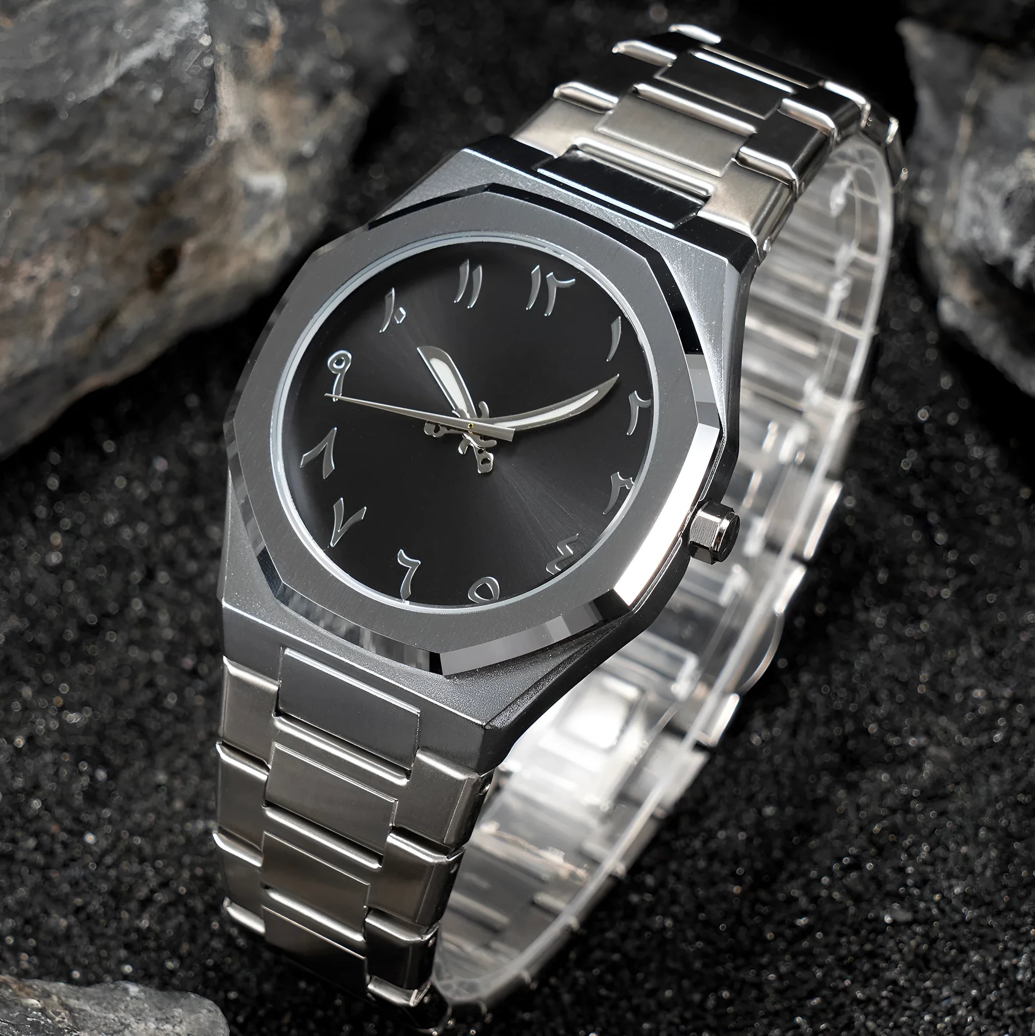 Men's stainless steel quartz watch with business style design in black and silver colour options