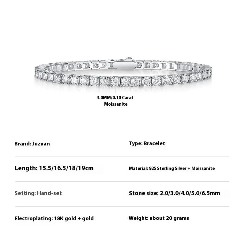 S925 silver moissanite tennis lace bracelet with round-cut geometric stones, unisex style