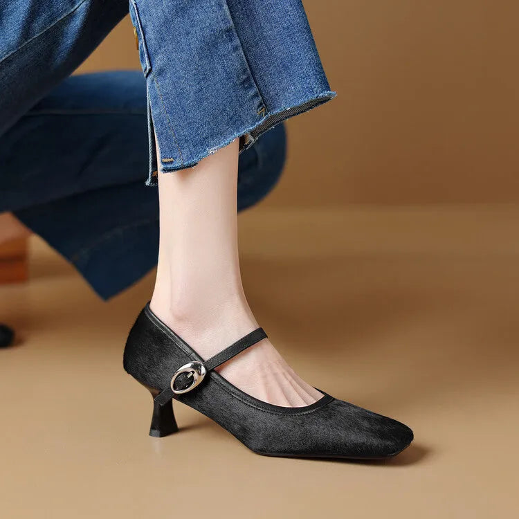 Women's black square toe stiletto ankle-strap shoes with a horse hair upper and buckle fastening.