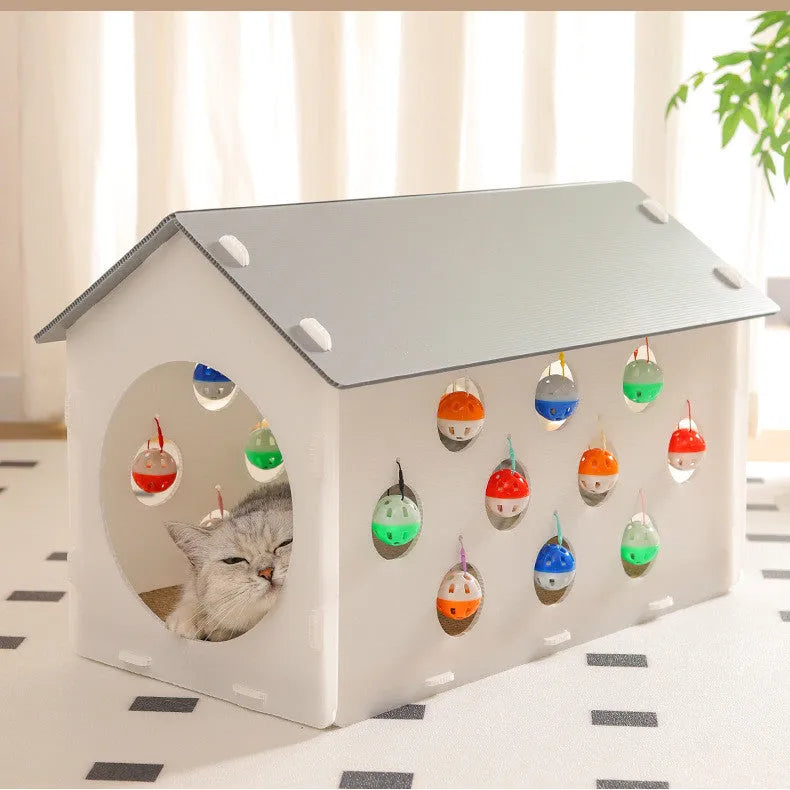 Integrated cat scratch board with attached tunnel containing bell ball and combined pet bed area