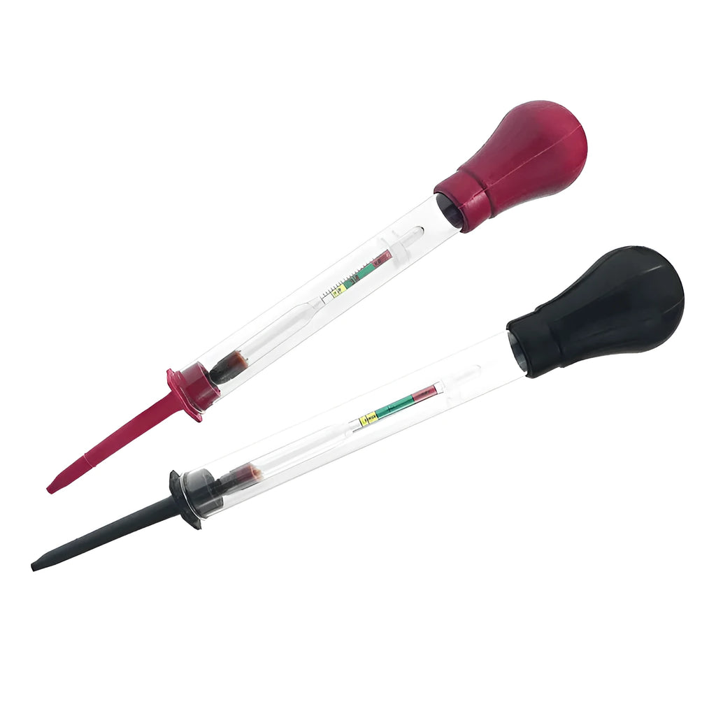 Electrohydraulic hydrometer battery tester with glass tube and suction bulb for automotive electrolyte density testing