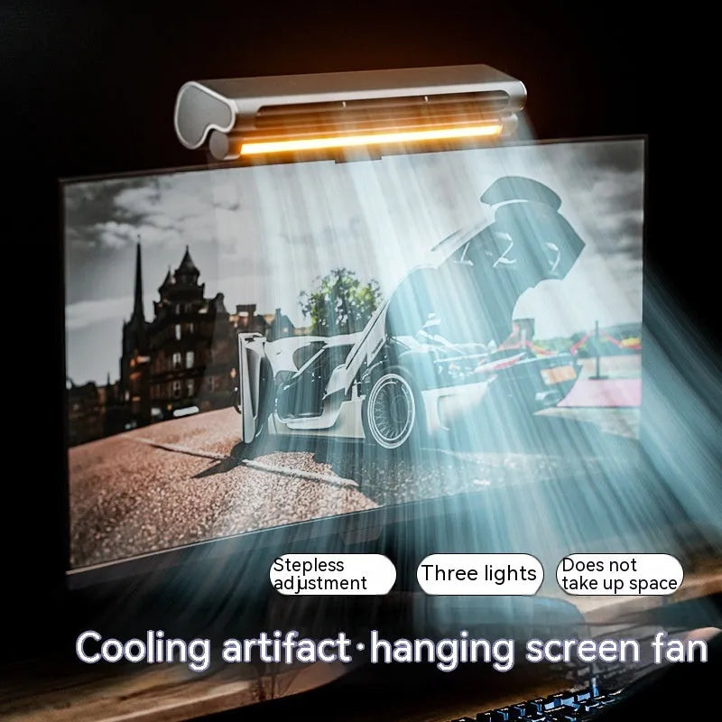 Black bladeless desk fan with screen clamp and LED lighting lamp attached to computer monitor