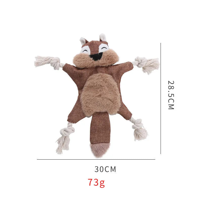 Brown fox dog toy with squeaker, crinkle paper sounds, and cotton rope arms for chewing