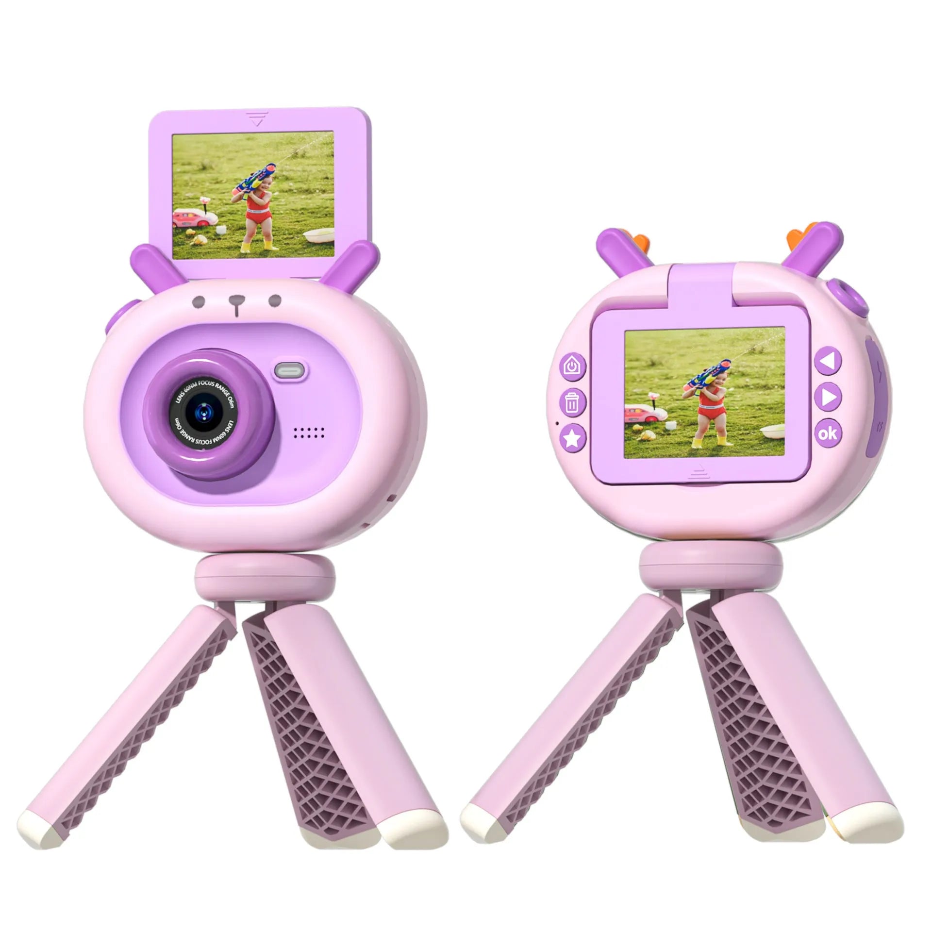 Children's purple digital camera with flip screen and silicone protective case shown with lanyard and accessories