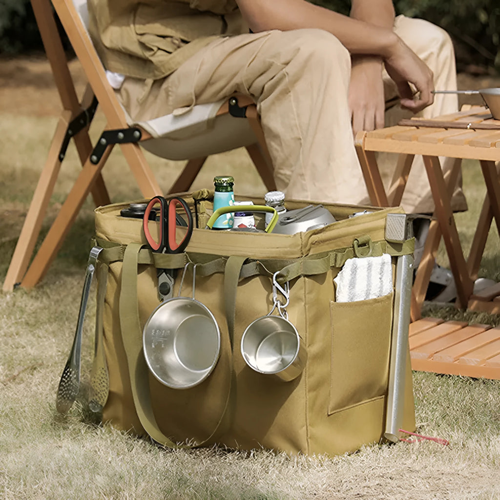Khaki outdoor folding storage box and shopping bag, 600D Oxford cloth with EPE, approx 370x330mm, with hanging holes and D buckles.