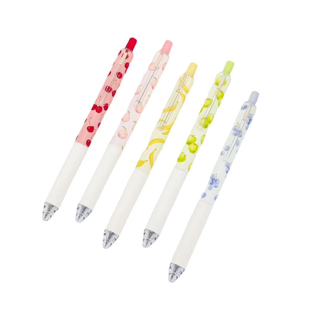 Three fruit-scented pressurised pens with push-button mechanisms and 0.5mm black refills