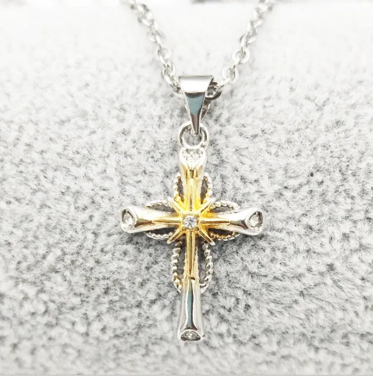 Octagonal star cross alloy pendant in silver tone on ring chain necklace, 22x15mm size